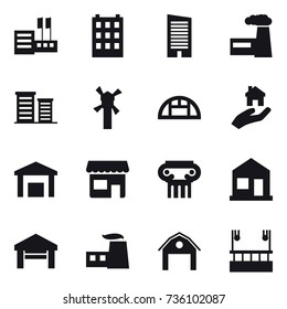 16 vector icon set : store, building, skyscraper, factory, district, windmill, greenhouse, real estate, shop, antique column, home, garage, barn, skyscapers cleaning