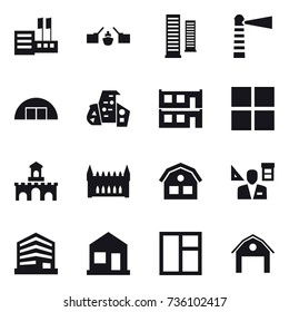 16 vector icon set : store, drawbridge, skyscrapers, lighthouse, hangare, modern architecture, modular house, window, fort, gothic architecture, house, architector, home, barn