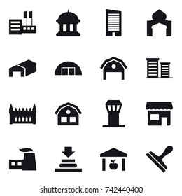 16 vector icon set : store, goverment house, skyscraper, minaret, warehouse, hangare, barn, district, gothic architecture, house, airport tower, shop, scraper
