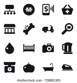 16 vector icon set : structure, crypto currency, mobile pay, add to basket, market, drop, crib, kettle, kitchen scales, tomato, bath, iron