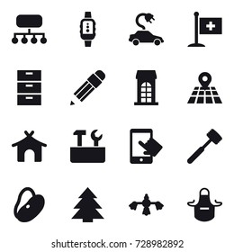 16 vector icon set : structure, smartwatch, electric car, pencil, building, bungalow, repair tools, meat hammer, spruce, hard reach place cleaning, apron