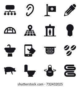 16 vector icon set : structure, pencil, greenhouse, detector, bulb, colander, coffee seeds, pig, toilet, apron, stack of towels