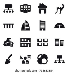 16 vector icon set : structure, server, home, greate wall, bridge, skyscraper, hangare, modern architecture, modular house, panel house, district, construction, architector, hierarchy