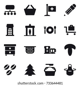 16 vector icon set : structure, basket, pencil, building, detector, cafe, baggage trolley, nightstand, colander, coffee seeds, spruce, washing powder, apron