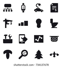 16 vector icon set : structure, smartwatch, electric car, account balance, tower crane, bulb, toilet, repair tools, colander, viruses, spruce, hard reach place cleaning