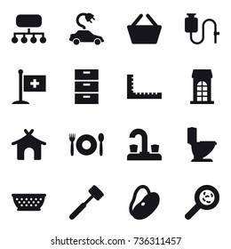 16 vector icon set : structure, electric car, basket, ruler, building, bungalow, cafe, water tap, toilet, kolander, meat hammer, viruses