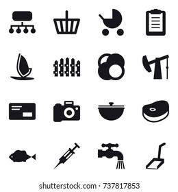 16 vector icon set : structure, basket, baby stroller, windsurfing, fence, cauldron, syringe, water tap, scoop