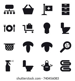 16 vector icon set : structure, basket, cafe, baggage trolley, bulb, toilet, colander, mushroom, viruses, sprayer, apron, stack of towels