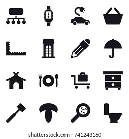 16 vector icon set : structure, smartwatch, electric car, basket, ruler, building, pencil, bungalow, cafe, baggage trolley, nightstand, meat hammer, viruses, toilet