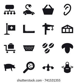 16 vector icon set : structure, electric car, basket, ruler, tower crane, greenhouse, baggage trolley, kolander, coffee seeds, mushroom, pig, viruses, hard reach place cleaning, apron