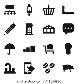 16 vector icon set : structure, smartwatch, basket, ruler, pencil, building, greenhouse, baggage trolley, bulb, water tap, coffee seeds, pig
