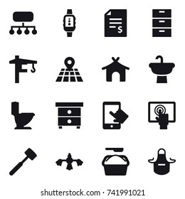 16 vector icon set : structure, smartwatch, account balance, tower crane, bungalow, toilet, nightstand, meat hammer, hard reach place cleaning, washing powder, apron