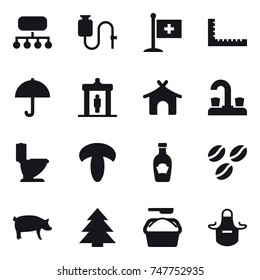 16 vector icon set : structure, ruler, detector, bungalow, water tap, toilet, coffee seeds, pig, spruce, washing powder, apron