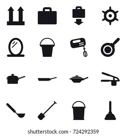16 vector icon set : suitcase iocn, baggage get, handwheel, mirror, bucket, mixer, pan, saute pan, garlic clasp, ladle, shovel, plunger
