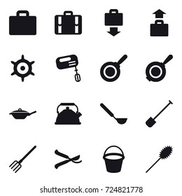 16 vector icon set : suitcase iocn, suitcase, baggage get, baggage, handwheel, mixer, pan, kettle, ladle, shovel, fork, pruner, bucket, duster