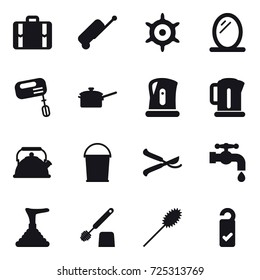 16 vector icon set : suitcase, handwheel, mirror, mixer, saute pan, kettle, bucket, pruner, water tap, plunger, toilet brush, duster, please clean