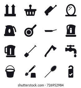 16 vector icon set : suitcase, mirror, kettle, pan, shovel, axe, water tap, bucket, toilet brush, duster, please clean