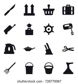 16 vector icon set : suitcase, baggage, handwheel, mixer, kettle, pan, knife holder, scissors, fork, bucket, plunger