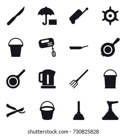 16 vector icon set : suitcase, handwheel, bucket, mixer, pan, kettle, fork, pruner, plunger