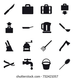 16 vector icon set : suitcase iocn, suitcase, baggage get, baggage, pan, kettle, ladle, knife holder, hand mill, fork, axe, pruner, water tap, bucket, duster