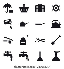 16 vector icon set : suitcase, handwheel, mixer, saute pan, pan, kettle, garlic clasp, hand mill, scissors, shovel, water tap, plunger