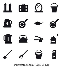 16 vector icon set : suitcase, mirror, bucket, kettle, pan, garlic clasp, hand mill, shovel, fork, please clean