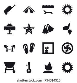 16 vector icon set : suitcase, tent, lounger, sun, restaurant, starfish, flippers, golf, palm hammock, flip-flops, flower in window, cooler fan, thermometer, sprouting