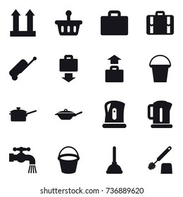 16 vector icon set : suitcase iocn, suitcase, baggage get, baggage, bucket, saute pan, pan, kettle, water tap, plunger, toilet brush