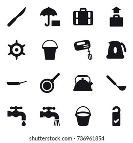 16 vector icon set : suitcase, baggage, handwheel, bucket, mixer, kettle, pan, ladle, water tap, please clean