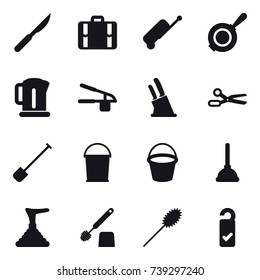 16 vector icon set : suitcase, pan, kettle, garlic clasp, knife holder, scissors, shovel, bucket, plunger, toilet brush, duster, please clean