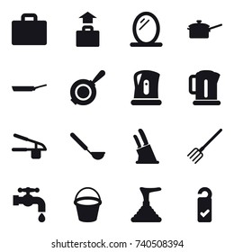 16 vector icon set : suitcase iocn, baggage, mirror, saute pan, pan, kettle, garlic clasp, ladle, knife holder, fork, water tap, bucket, plunger, please clean