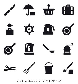 16 vector icon set : suitcase, baggage, handwheel, kettle, pan, ladle, hand mill, scissors, fork, bucket, toilet brush