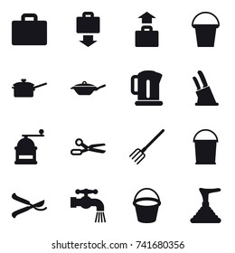16 vector icon set : suitcase iocn, baggage get, baggage, bucket, saute pan, pan, kettle, knife holder, hand mill, scissors, fork, pruner, water tap, plunger
