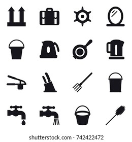 16 vector icon set : suitcase, handwheel, mirror, bucket, kettle, pan, garlic clasp, knife holder, fork, water tap, duster