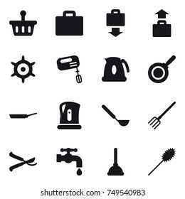 16 vector icon set : suitcase iocn, baggage get, baggage, handwheel, mixer, kettle, pan, ladle, fork, pruner, water tap, plunger, duster