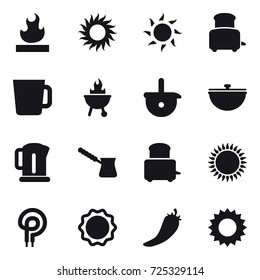 16 vector icon set : sun, toaster, cup, bbq, cauldron, kettle, turk, hot pepper