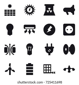 16 vector icon set : sun power, nuclear power, megafon, bulb, air conditioning, electricity, power socket, hard reach place cleaning