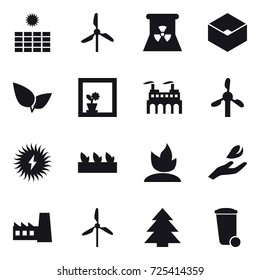 16 vector icon set : sun power, windmill, nuclear power, box, flower in window, seedling, sprouting, hand leaf, factory, spruce, trash bin