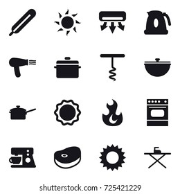 16 vector icon set : sun, air conditioning, kettle, hair dryer, pan, corkscrew, cauldron, saute pan, iron board