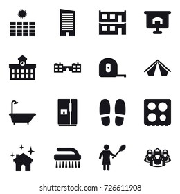 16 vector icon set : sun power, skyscraper, modular house, presentation, university, school, measuring tape, tent, bath, fridge, slippers, house cleaning, brush, woman with pipidaster, outsource