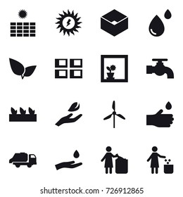 16 vector icon set : sun power, box, panel house, flower in window, water tap, seedling, hand leaf, windmill, hand drop, trash truck, hand and drop, garbage bin