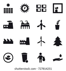 16 vector icon set : sun power, panel house, flower in window, seedling, factory, windmill, spruce, ecology, trash bin, trash, hand and drop