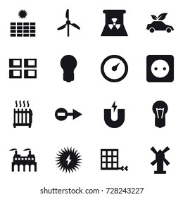 16 vector icon set : sun power, windmill, nuclear power, eco car, panel house, bulb, barometer, power socket, radiator