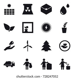 16 vector icon set : sun power, nuclear power, box, flower in window, seedling, hand leaf, windmill, spruce, ecology, trash truck, trash, garbage bin