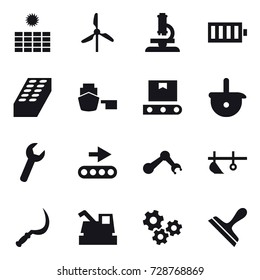 16 vector icon set : sun power, windmill, microscope, battery, brick, plow, sickle, harvester, gears, scraper
