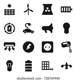 16 vector icon set : sun power, windmill, nuclear power, battery, battery charge, electric car, megafon, bulb, air conditioning, electricity, power socket, mixer, hard reach place cleaning
