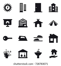 16 vector icon set : sun power, skyscrapers, door, building, presentation, bungalow, tent, key, iron, slippers, house, wiping, utility room, water tap sink, housing