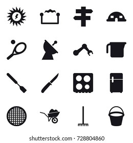 16 vector icon set : sun power, electrostatic, singlepost, dome house, tennis, satellite antenna, measuring cup, spatula, knife, wheelbarrow, rake, bucket