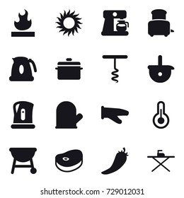 16 vector icon set : sun, coffee maker, toaster, kettle, pan, corkscrew, cook glove, hot pepper, iron board