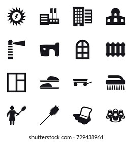 16 vector icon set : sun power, store, houses, mansion, lighthouse, slum, arch window, radiator, window, slippers, trailer, brush, woman with pipidaster, duster, floor washing, outsource